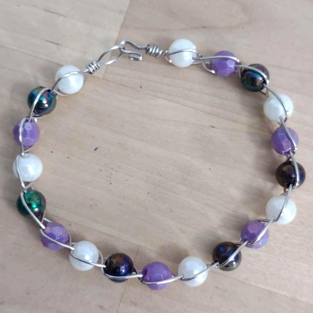 NEW Beaded & Wire Wrapped Bracelet - Purple, Pearl & Iridescent Beads